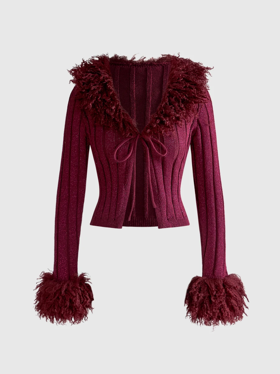 ROMWE Grunge Punk Burgundy Gold & Silver Metallic Thread Trim Fur Collar Slim Fit V-Neck Women's Cardigan - Burgundy - View 1