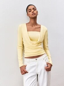 ATUI Studio Women's Korean Style Pleated Long Sleeve T-Shirt For Daily Wear - Yellow - View 1