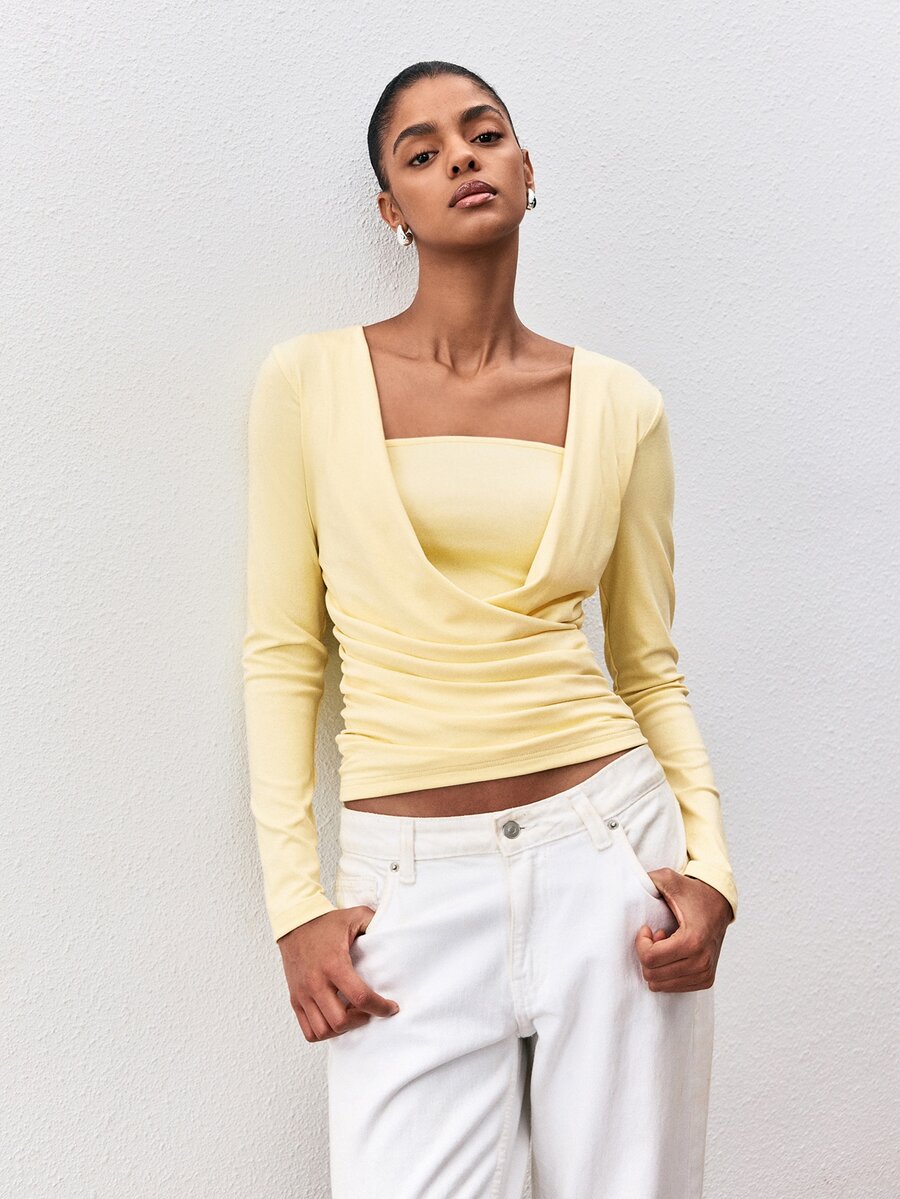 ATUI Studio Women's Korean Style Pleated Long Sleeve T-Shirt For Daily Wear - Yellow - View 1