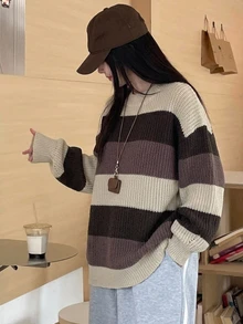 DAZY 女款條紋落肩長袖休閒寬鬆套頭毛衣 - 摩卡棕 - 查看 1