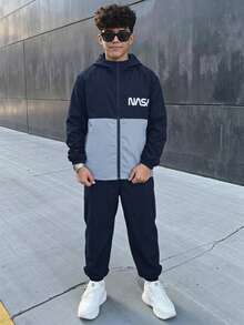 2件組青少年男孩休閒運動圖案拼色連帽外套與長褲套裝，適合通勤、上學、日常休閒、度假、旅行、運動，秋冬穿著 - 彩色 - 查看 6