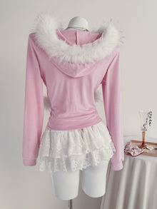 Elamini Women's Rhinestone & Pom Pom Decor Fur Collar Zipper Front Hooded Long Sleeve Sweatshirt - Mauve Purple - View 2