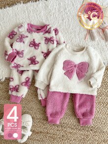 SHEIN 4Pcs Toddler Girl Sweatshirt + Pants Set Cute Pink White Bowknot Print Bow Fuzzy Fleece Long Sleeve Round Neck Thick Holiday Winter Princess Plush - Purple - View 1