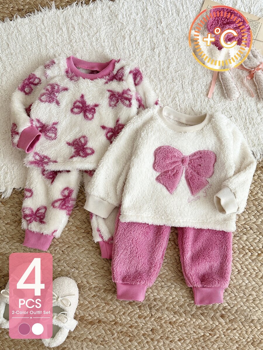 SHEIN 4Pcs Toddler Girl Sweatshirt + Pants Set Cute Pink White Bowknot Print Bow Fuzzy Fleece Long Sleeve Round Neck Thick Holiday Winter Princess Plush - Purple - View 1