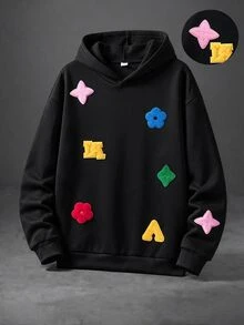 SHEIN 1件青少年男孩寬鬆休閒極簡高街設計 3D毛巾刺繡拼接多彩多圖案套頭衛衣，舒適面料，獨特版型，秋冬新款，適合多種場合 - 黑色 - 查看 1