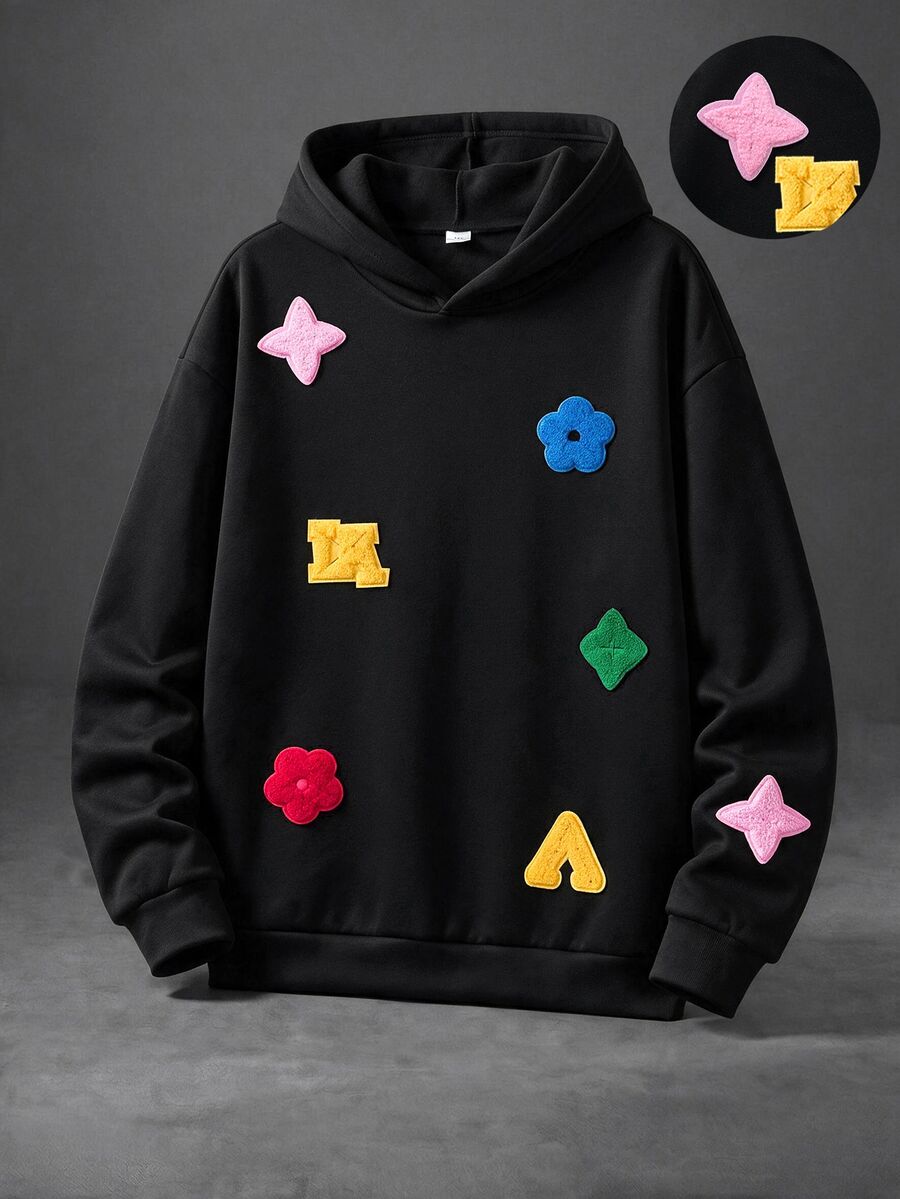 SHEIN 1件青少年男孩寬鬆休閒極簡高街設計 3D毛巾刺繡拼接多彩多圖案套頭衛衣,舒適面料,獨特版型,秋冬新款,適合多種場合 - 黑色 - 查看 1