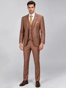 EGENSIO Men's Solid Color Single-Breasted Vest, Long Sleeve Jacket And Trousers Fashion Suit 3 Pieces Set - Coffee Brown - View 5