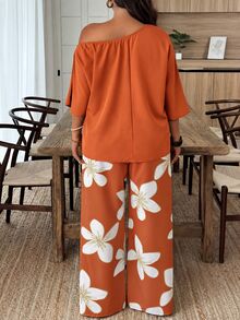 Weeklong Plus Size Women Solid Color Asymmetrical Shoulder Top And Floral Print Long Pants Casual Daily 2 Pieces Set - Multicolor - View 2