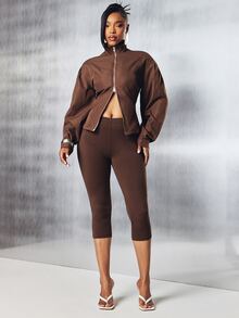 Denimoi Justerbar midja tvåvägs dragkedja jacka modejackor höstoutfits It Girl moderiktig kort modell - Brun - Visa 5