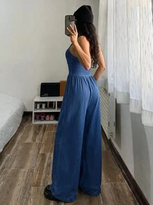 StreetHx Women's Deep V-Neck Buckle Design Sexy Halter Wide Leg Denim Jumpsuit - Blue - View 2