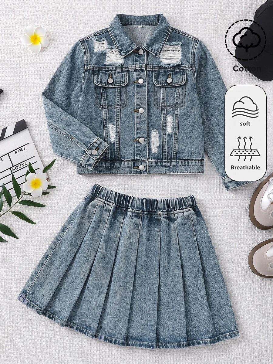 SHEIN 女童藍色牛仔破洞寬鬆短版長袖外套與百褶迷你裙2件套 秋冬2026 可愛Y2K 百搭 萬聖節新年 - 藍色 - 查看 1