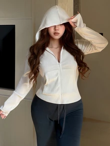 Dazy Plus Korean Style Hooded Sweatshirt Fitted Long Sleeve Spring/Autumn New Sweatshirt Race Day Homewear White Casual Baggy - White - View 1