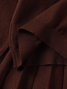 SHEIN 女童蘑菇圖案圓領長袖針織毛衣與百褶針織裙休閒套裝 - 棕色 - 查看 5