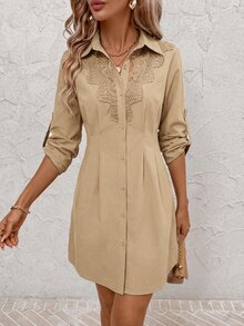 SHEIN Clasi 女款素色對比蕾絲荷葉袖優雅襯衫洋裝 - 駝色 - 查看 6