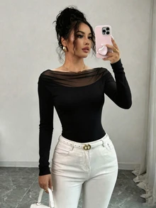 SHEIN Franclia 女款修身針織網紗疊層荷葉邊露肩長袖上衣，紋理質感優雅黑色純色外出上衣 - 黑色 - 查看 3