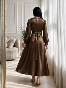 Yasmyna Women Spring Fall Winter Elegant Slim Fit Modest Dark Brown Satin Round Neck Beaded Rhinestone Long Sleeve Fitted Waist Flowy MaxiDressForBanquetParty - Coffee Brown - View 2