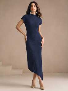 Anewsta Women's Elegant Semi-High Neck Knitted Long Dress, Slim Fit Solid Color Commuter Versatile Holiday Dress For Spring And Autumn - Navy Blue - View 3