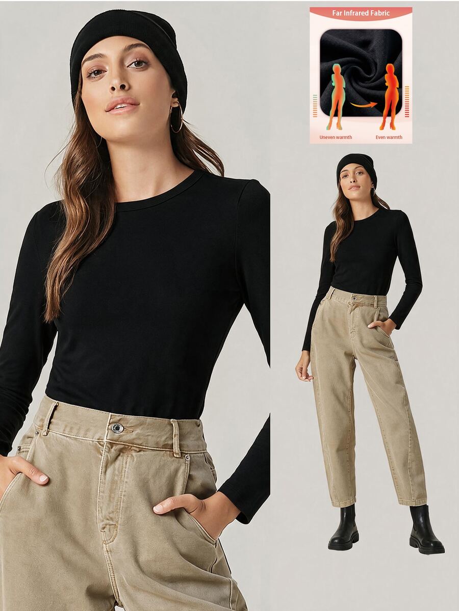 SHEIN BASICS تي شيرت نسائي بلون موحد برقبة دائرية وأكمام طويلة كاجوال متعدد الاستخدامات - أبيض - مشاهدة 1