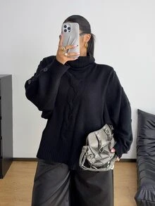 POPSWAY Plus Size Women's High Neck Ruched Collar Batwing Sleeve Cable Knit Single-Sided Button Loose Slouchy Elegant Solid Color Knit Sweater Pullover, Suitable For Spring/Autumn/Winter/Back To School/Daily Commute/Outing/Date/Indoor/Outdoor/Date Outfit Versatile Solid Color Knit Sweater Pullover - Black - View 3