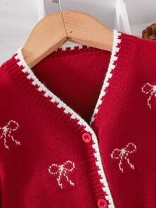 SHEIN Cardigan Rajut Leher V Motif Pita Lucu untuk Bayi Perempuan Warna Merah, Cocok untuk Musim Gugur/Dingin, Cocok untuk Liburan, Natal, Sweater, Gaya Musim Gugur Terbaru - MultiWarna - View 3