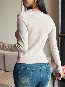 DAZY Women's Lace Patchwork Casual Daily Long Sleeve Sweater - Khaki - View 2