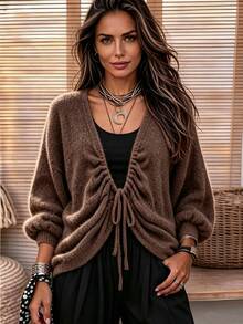 Breezaya Women's Solid Color Deep V-Neck Front Tie Long Sleeve Loose Casual Sweater - Brown - View 3