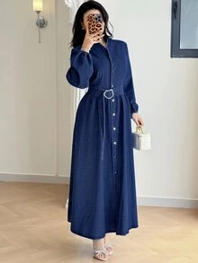 SHEIN MOD Women's Long Sleeve Single-Breasted Waist Buckle Design Casual Denim Dress - Dark Wash - View 7