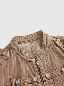 ROMWE Grunge Punk Nautical Punk Vintage Metal Buckle Distressed Washed Denim Thin Jacket - Brown - View 2