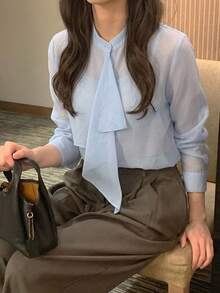 DAZY Solid Color Loose Fit Elegant Formal Vacation Korean Style Spring Autumn Long Sleeve Blouse For Women - Blue - View 3