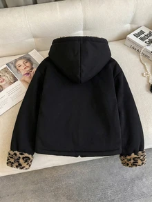 GlowEve Women's Autumn/Winter Patchwork Leopard Print Sleeve Cuff Zipper Front Hooded Jacket - Black - View 2
