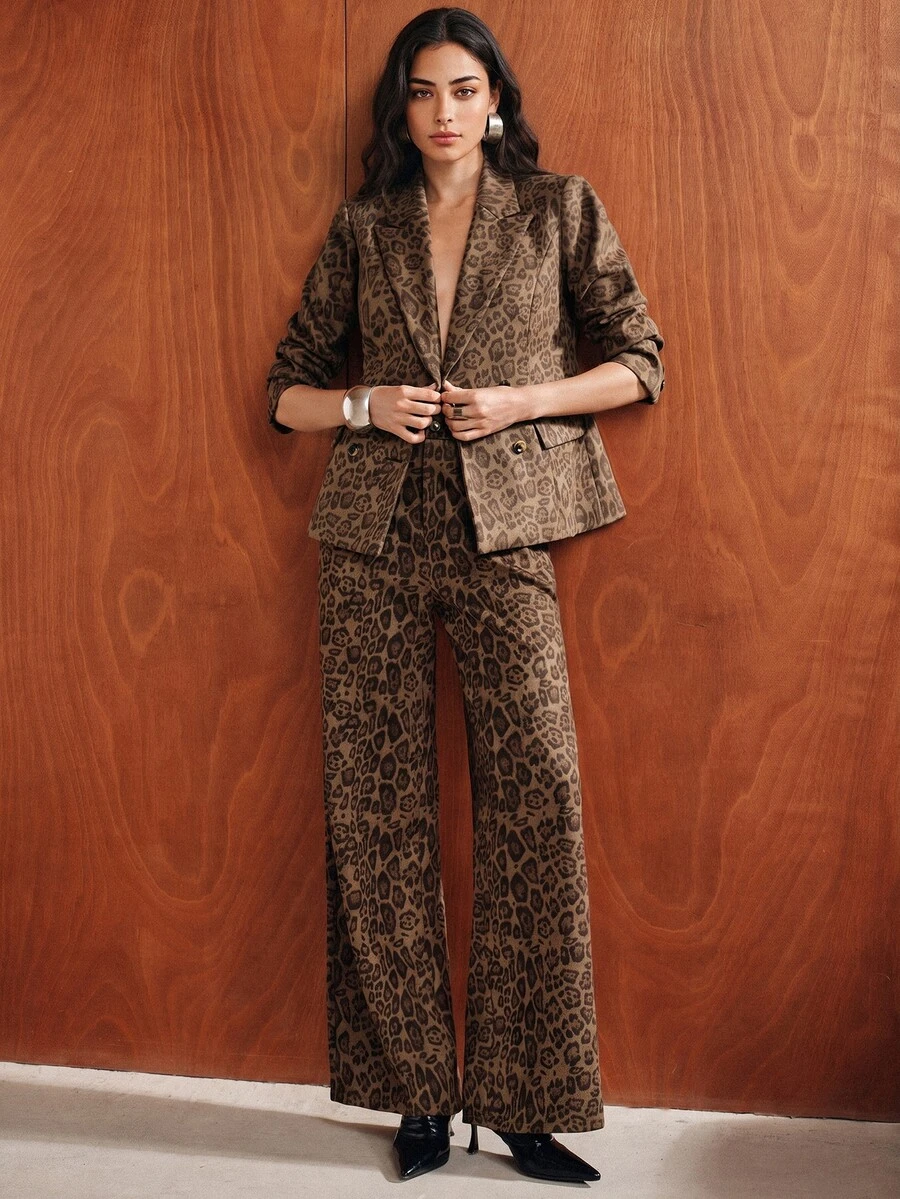 Anewsta Vintage Leopard Print Suit Set, Double-Breasted Wide Leg Pants, High-End 2 Pieces Set - Brown - View 1
