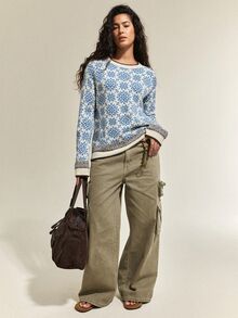 SHEIN 北歐復古波希米亞風 Fair Isle 提花女款寬鬆圓領厚針織套頭毛衣，米白色，適合聖誕、日常、旅行、秋季 - 藍色 - 查看 3