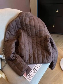 SHEIN Franclia New Chinese Style Frog Button Stand Collar Vertical Quilted Padded Coat For Women, Vintage Short Loose Lightweight Padded Coat, National Style - Brown - View 2