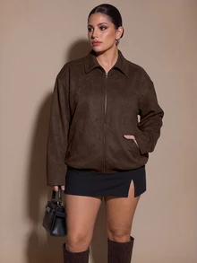SHEIN BAE CURVE 大尺碼復古寬鬆落肩夾克女款，秋冬保暖仿麂皮/PU外套，萬聖節穿搭 - 咖啡棕 - 查看 9