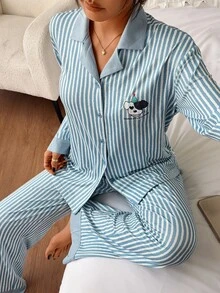 DAZY Women's Striped Single-Breasted Top And Pants Pajama Set - Blue - View 7