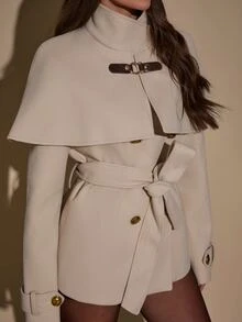 SHEIN BAE Women's Solid Color Metal Button Design Cape Elegant Coat - Apricot - View 5