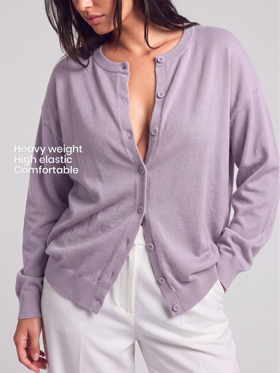 YARNWELL Plus Size Solid Color Minimalist Versatile Single-Breasted Long Sleeve Knit Cardigan Fall - Mauve Purple - View 1