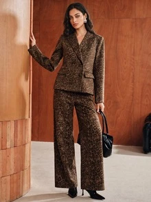 Anewsta Vintage Leopard Print Suit Set, Double-Breasted Wide Leg Pants, High-End 2 Pieces Set - Brown - View 8