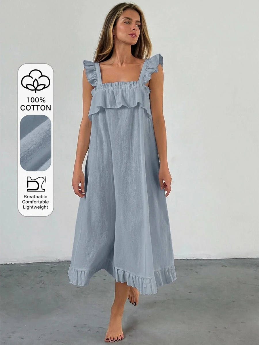 Livesso Minimalist Solid Color Ruffle Trim Sleeveless Loose Long Dress Women's Nightgown - Navy Blue - View 1