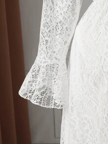 Rometta Plus Size Women's Lace Bell Sleeve Button Half-Placket Elegant Shirt Dress - White - View 6