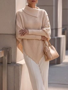 SHEIN Women's Asymmetric Design Single-Sided Button Decor Cape Batwing Sleeve High Neck Long Sleeve Ribbed Knit Sweater, Fashionable And Elegant, Suitable For Daily Commute, Dating, Shopping - Khaki - View 9