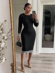 SHEIN Lady CURVE فستان أنيق بطبعة هندسية بياقة دائرية وأكمام طويلة مقاس كبير - الأسود - مشاهدة 7