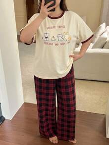 Dazy Plus 2pcs Cute Cartoon Print Colorblock Patchwork Casual Long Pants Loungewear Pajama Set - Multicolor - View 5