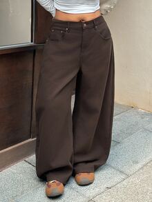 Dazy Plus Solid Brown Versatile Korean Style Casual Loose Long Curved Leg Denim Jeans - Brown - View 5
