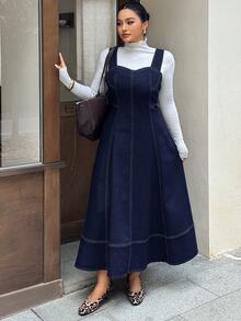 Dazy Plus Dark Wash Blue Fitted Elegant Layered Tank Style Denim Dress Spring Summer Autumn - Dark Wash - View 5