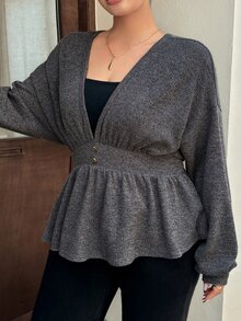 Dazy Plus Spring/Autumn New Korean Solid Color Deep V-Neck Waist-Cinching Long Sleeve T-Shirt - Grey - View 6