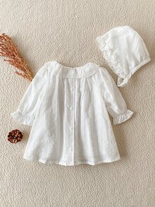 SHEIN 1件新生女嬰休閒可愛森系白色純棉花卉刺繡洋裝，長袖娃娃裙配蕾絲飾邊，附帽子，適合秋冬日常外出 - 白色 - 查看 2