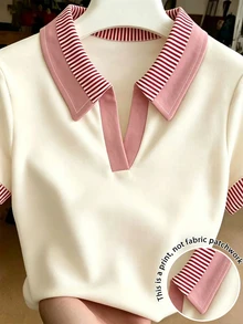 Resyla 女款極簡休閒學院風百搭粉色與白色條紋領口T恤，適合日常穿著、早午餐、學校、夏季 - 白色 - 查看 1