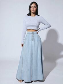 SHEIN SXY Women's Striped Waist Button Placket Casual Denim Skirt - Blue and White - View 5
