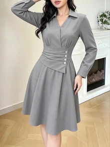 Modelyn Women's Elegant Casual Versatile Light Gray V-Neck Shirt Sleeve Waist Panel Button Design Short Dress For Spring And Autumn, Suitable For Daily Wear And Parties - Light Grey - View 5